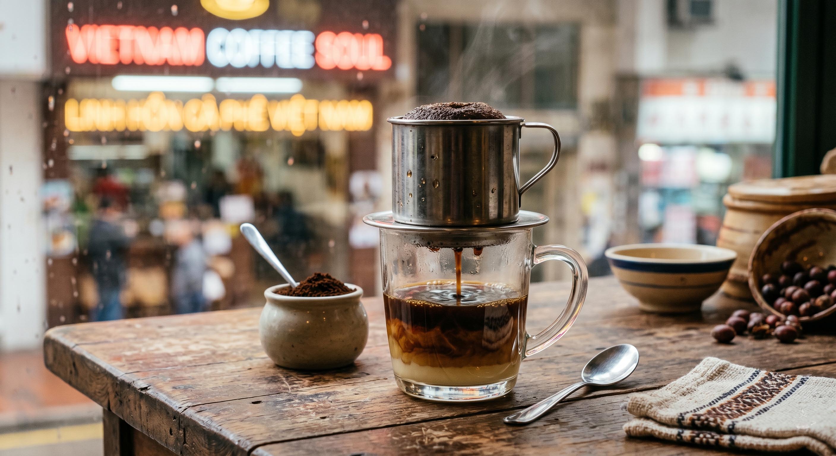 vietnamese coffee being brewed using traditional phin filter method