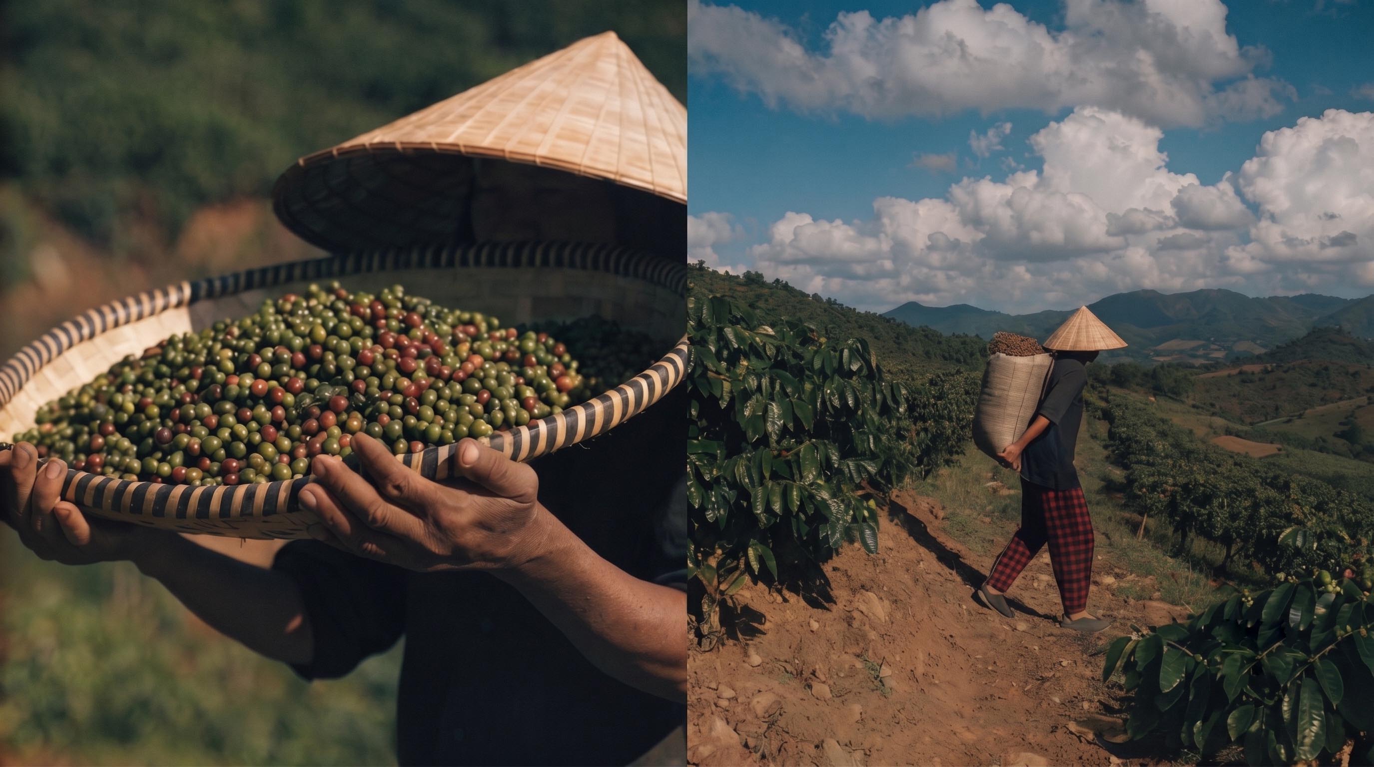 vietnamese coffee farm with workers harvesting coffee cherries